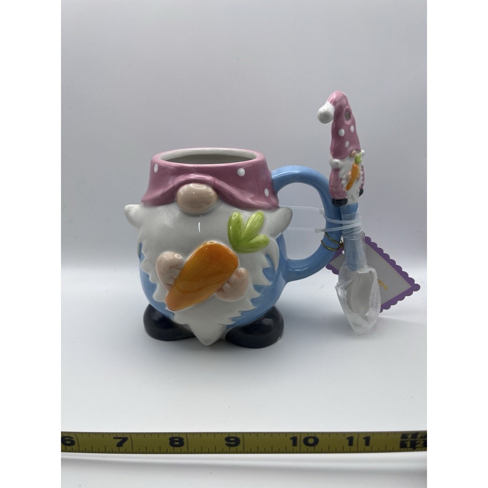 Easter Gnome Ceramic Mug with Matching Spoon 20oz Holding Carrot Pink Polka Dot